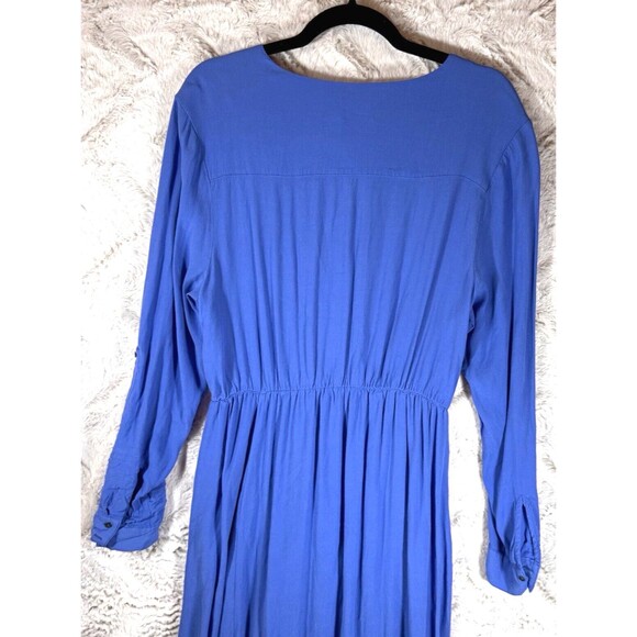 Anthropologie Maeve Dress L Lene Crepe Faux Wrap Pockets Blue Roll Tab Sleeve - Picture 8 of 15